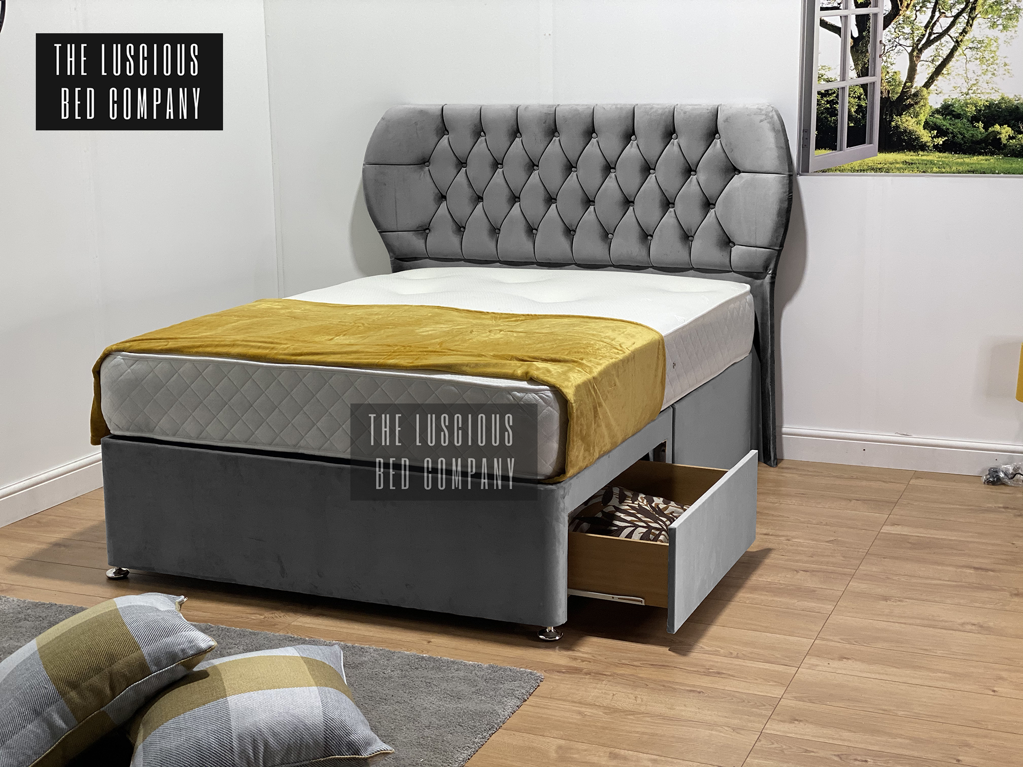 Grey suede deals chesterfield divan bed