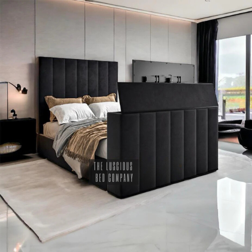 tv panel bed in black plush velvet