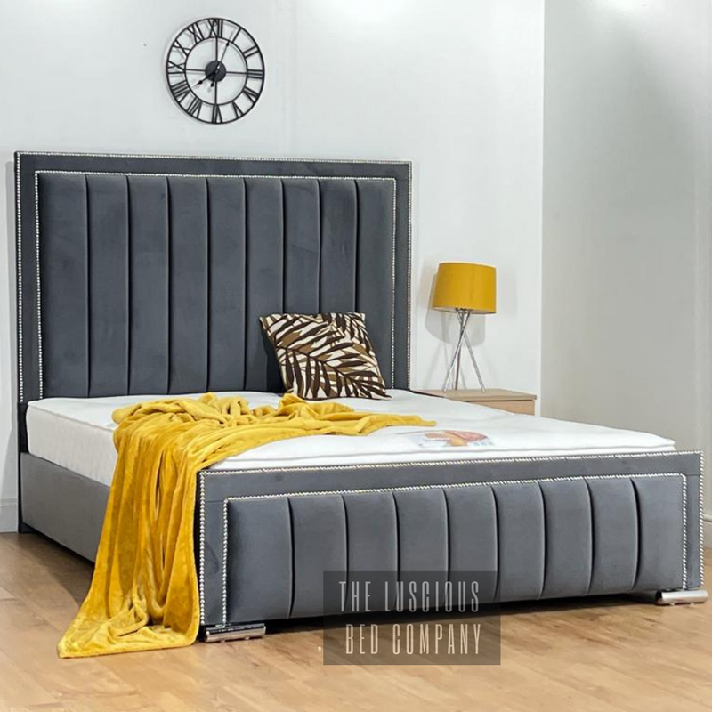 Steel plush wingback bed frame with beading panel design bed
