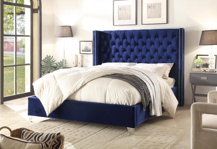 Royal blue double wingback with beading matching buttons bed frame tall headboard