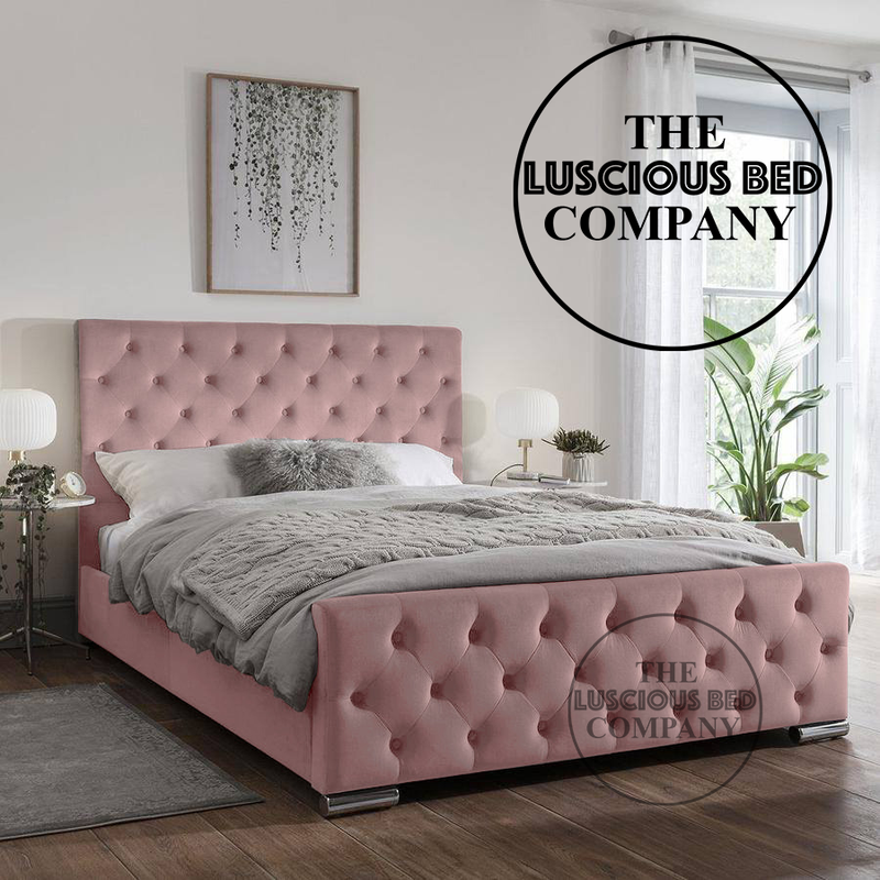 Baby Pink Plush Velvet Duke bed frame with matching fabric buttons