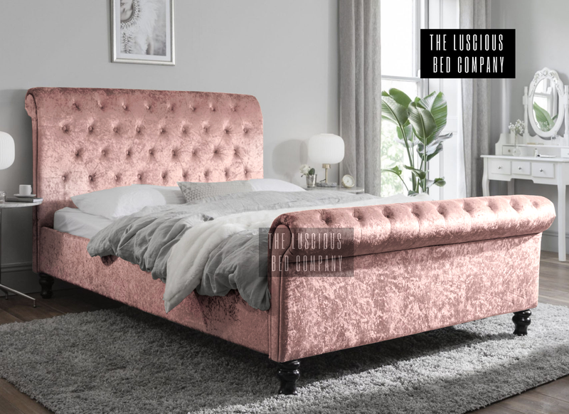 Baby Pink Crushed Velvet Sleigh Bed Frame with Classic Wooden Feet Luxury Design for the bedroom