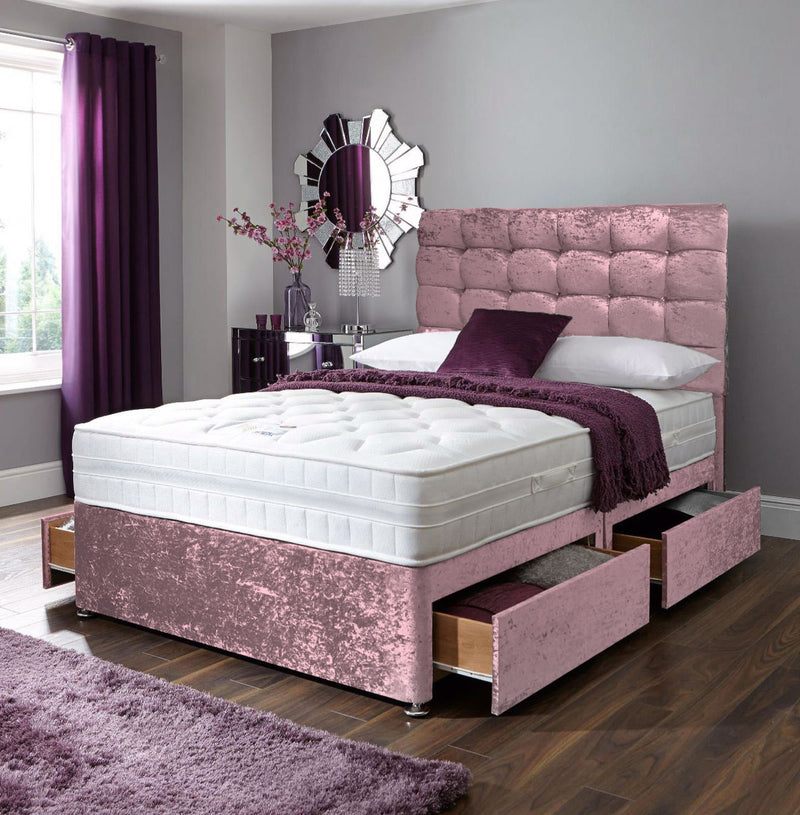Baby Pink crushed cube divan bed set with two drawers and headboard
