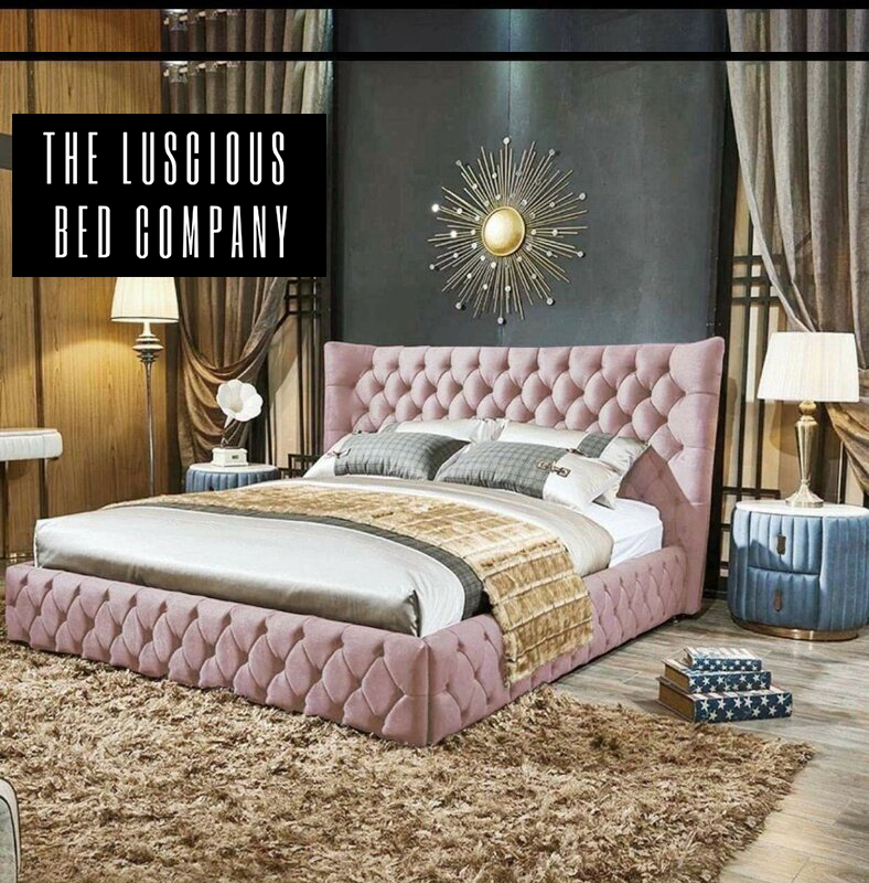 Emperor Chesterfield Baby pink plush upholstered bed frame wingback luxury design