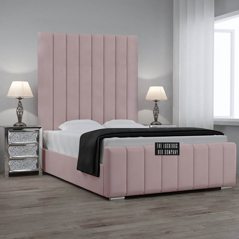 Baby Pink plush panel bed frame high headboard