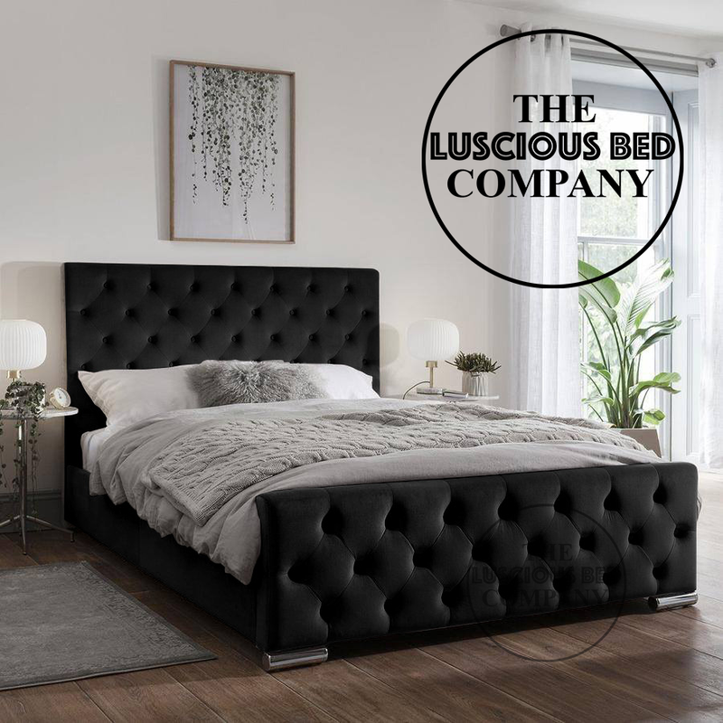 Black Plush Velvet Duke bed frame with matching fabric buttons