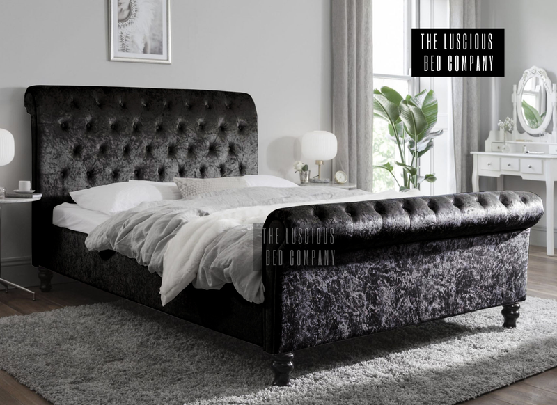 Black Crushed Velvet Sleigh Bed Frame with Classic Wooden Feet Luxury Design for the bedroom