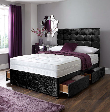Black crushed cube divan bed set with two drawers and headboard