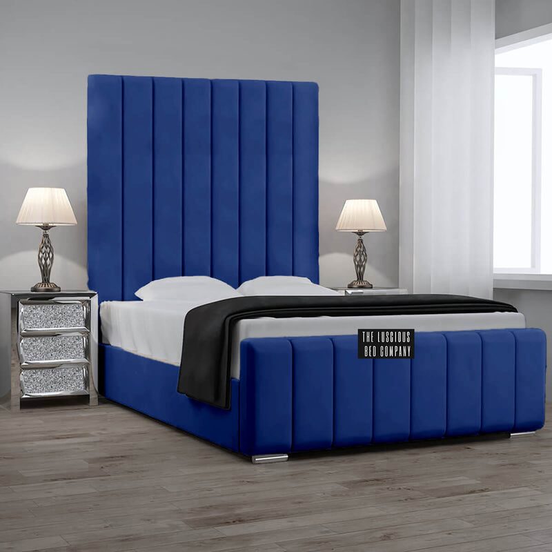 Royal blue plush panel bed frame high headboard