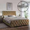 Camel Plush Velvet Duke bed frame with matching fabric buttons