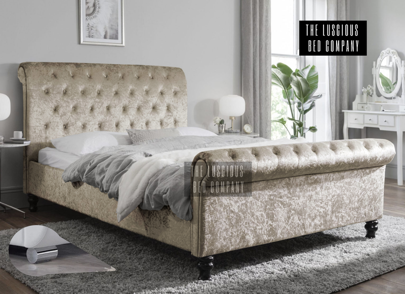 Champagne Cream Crushed Velvet Sleigh Bed Frame with Classic Wooden Feet Luxury Design for the bedroom