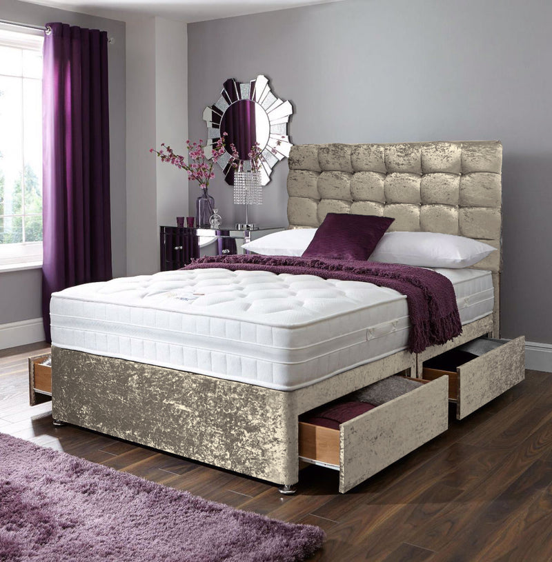 Champagne crushed cube divan bed set with two drawers and headboard