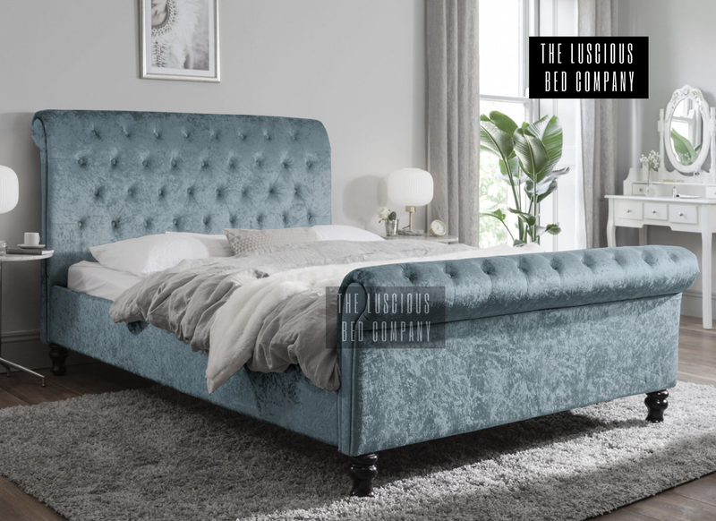 Duck egg Crushed Velvet Sleigh Bed Frame with Classic Wooden Feet Luxury Design for the bedroom