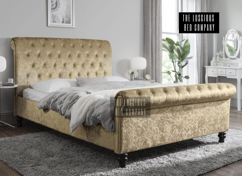 Gold Crushed Velvet Sleigh Bed Frame with Classic Wooden Feet Luxury Design for the bedroom