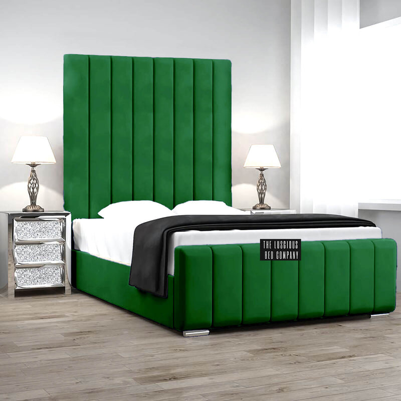 Green plush panel bed frame high headboard
