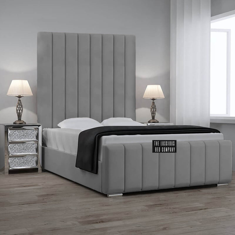 Grey plush panel bed frame high headboard