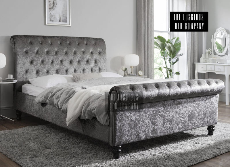 Grey Crushed Velvet Sleigh Bed Frame with Classic Wooden Feet Luxury Design for the bedroom