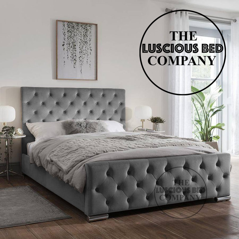 Grey Plush Velvet Duke bed frame with matching fabric buttons