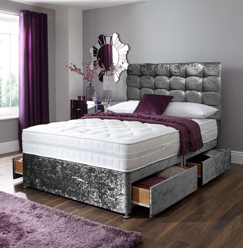Grey crushed cube divan bed set with two drawers and headboard