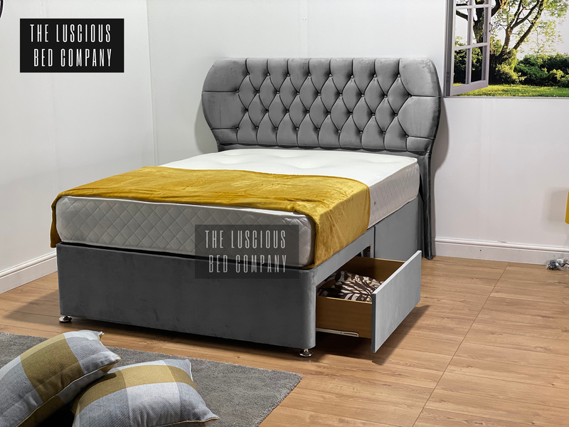 Oxford Wingback divan bed set in grey plush with drawers