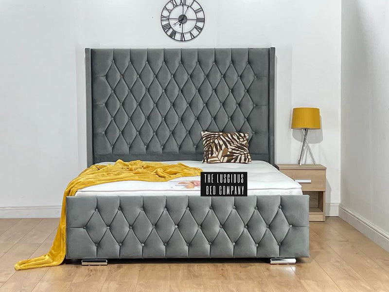 Chesterfield Wingback bed frame grey plush