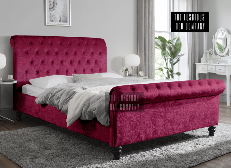Hot Pink Crushed Velvet Sleigh Bed Frame with Classic Wooden Feet Luxury Design for the bedroom