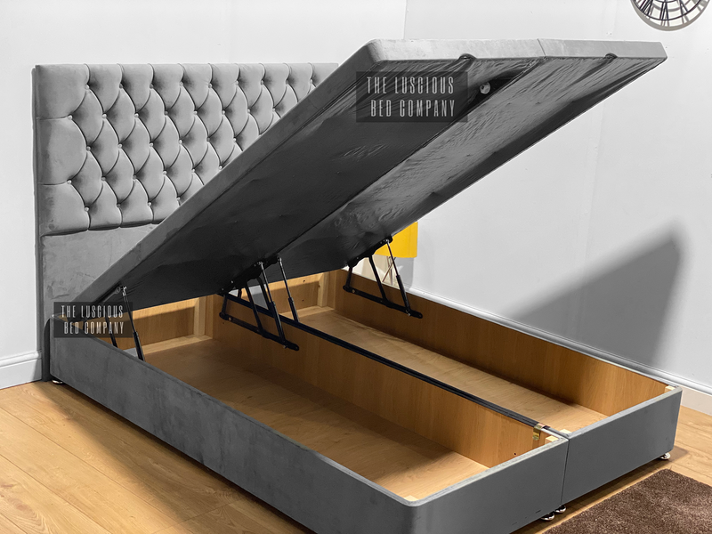 Monaco grey plush chesterfiled ottoman gas lift storage bed base divan