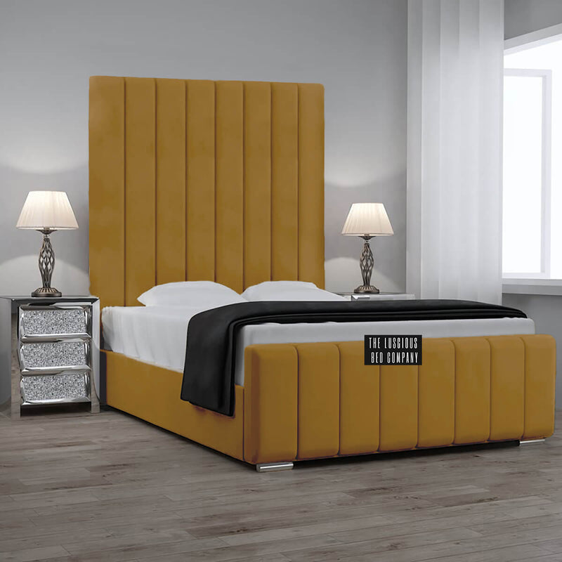 Mustard plush panel bed frame high headboard