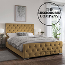 Mustard yellow Plush Velvet Duke bed frame with matching fabric buttons