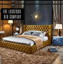 Mustard yellow plush velvet Emperor Chesterfield upholstered bed frame wingback luxury design