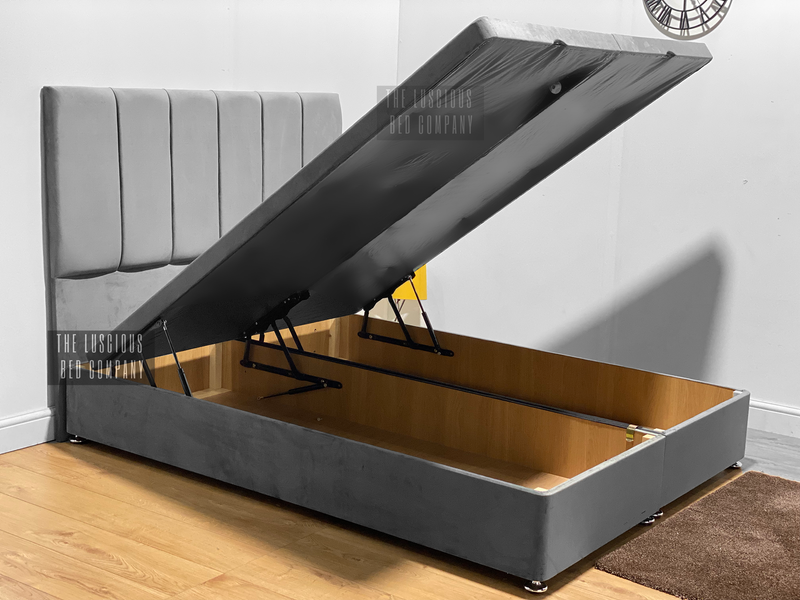 Grey plush olivia panel bed base divan ottoman gas lift storage bed