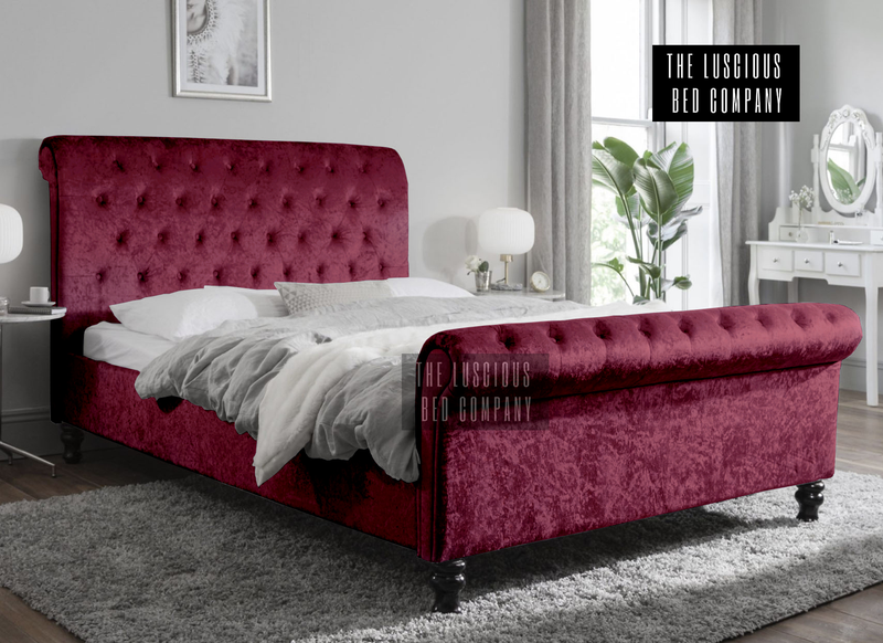 Plum Crushed Velvet Sleigh Bed Frame with Classic Wooden Feet Luxury Design for the bedroom