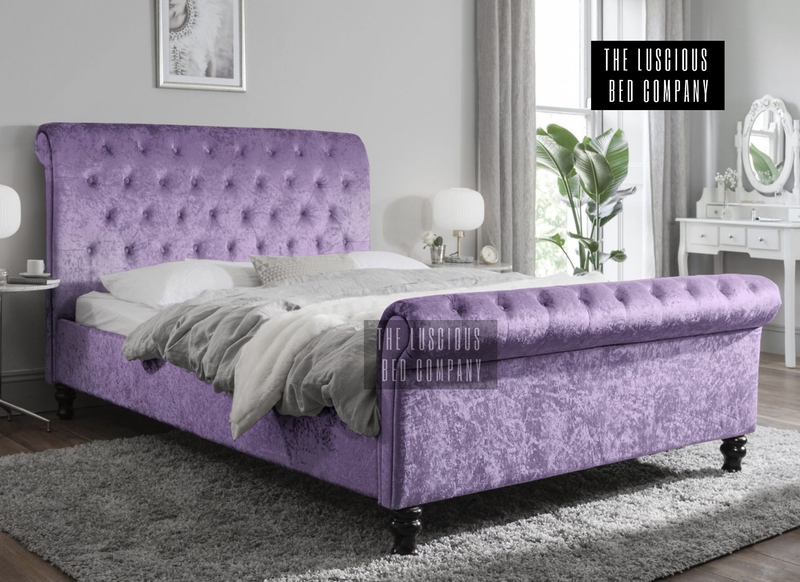 Purple Crushed Velvet Sleigh Bed Frame with Classic Wooden Feet Luxury Design for the bedroom