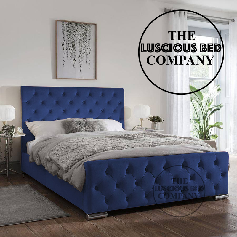 Royal Blue Plush Velvet Duke bed frame with matching fabric buttons