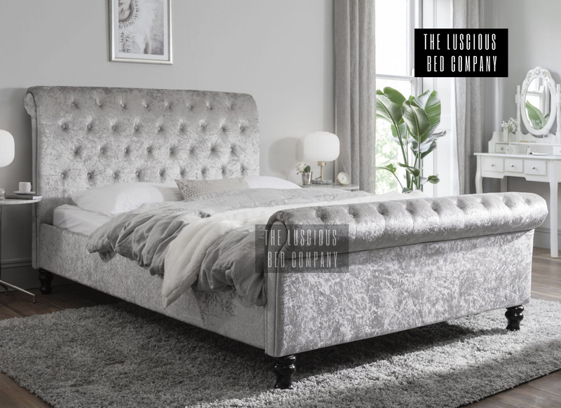 Silver Crushed Velvet Sleigh Bed Frame with Classic Wooden Feet Luxury Design for the bedroom