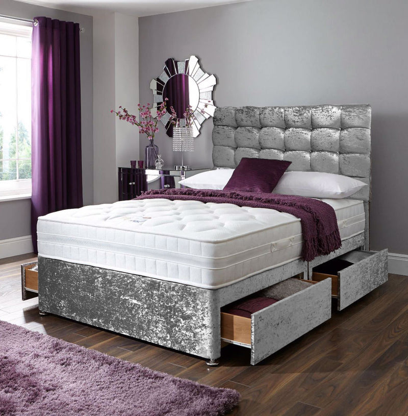 Silver crushed cube divan bed set with two drawers and headboard