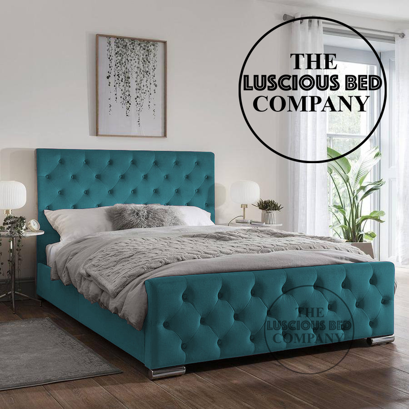 Teal Plush Velvet Duke bed frame with matching fabric buttons
