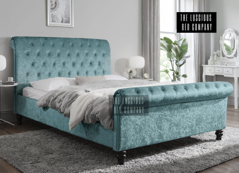 Teal Crushed Velvet Sleigh Bed Frame with Classic Wooden Feet Luxury Design for the bedroom