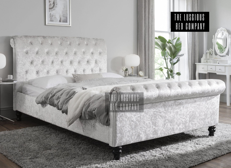White Crushed Velvet Sleigh Bed Frame with Classic Wooden Feet Luxury Design for the bedroom