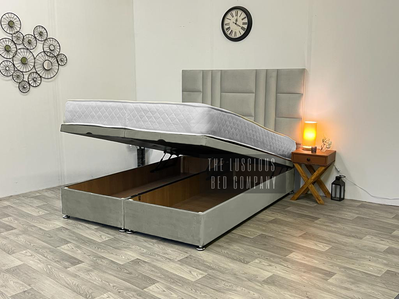 Grey Plush Panel ottoman gas lift divan ottoman storage base bed